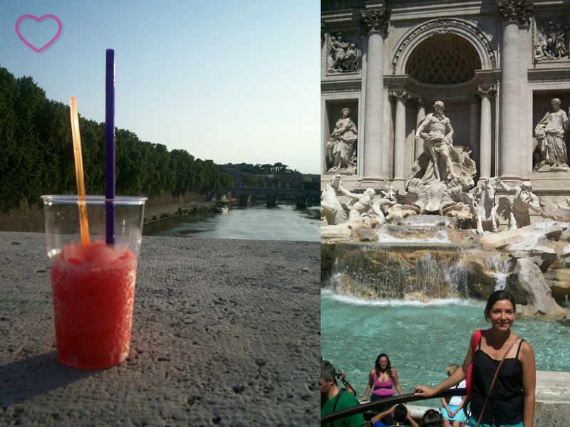 Duas fotos, lado a lado. A primeira é de um copo de granizado de melancia (bebida de melancia meio congelada, meio não; tipo uma raspadinha). A segunda foto sou eu em frente a Fontana di Trevi. 