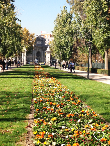 Foto feita de dentro do Parque del Retiro. Um "tapete" de flores e, no ponto de fuga da fotografia, a Puerta de Alcalá e o capacete de First Order Stormtrooper.