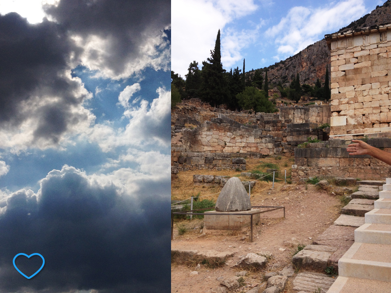 Composição com duas fotos: uma do céu com algumas nuvens e outra do omphalos, o umbigp do mundo, que é uma pedra ovalada.