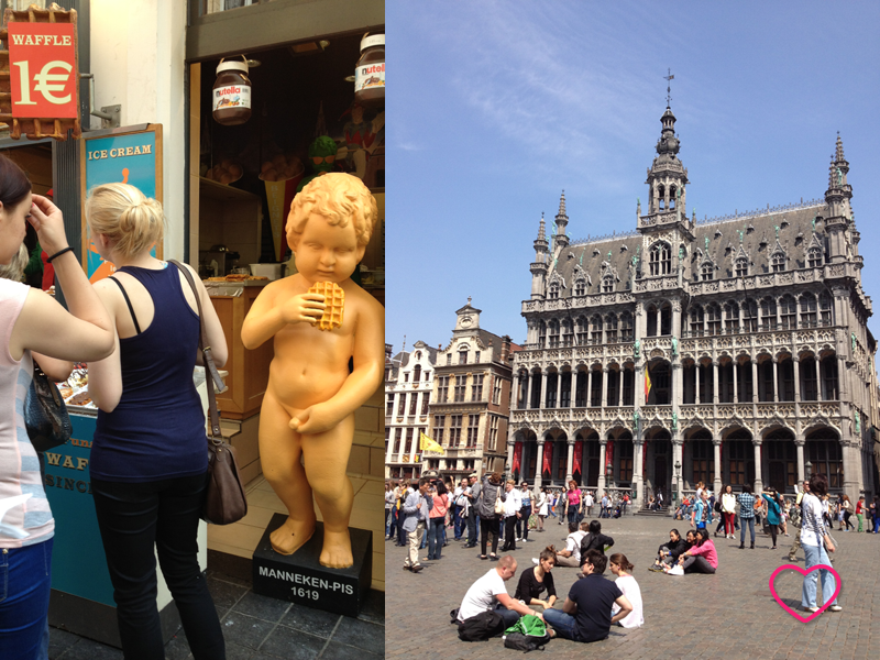 Duas imagens. Uma mostra um boneco que imita o Manneken Pis comendo um waffle. A outra mostra um grupo de jovens sentados no chão da Grand Place.