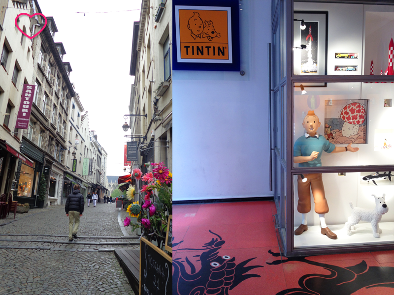 Duas imagens: a primeira mostra uma rua de Bruxelas, que tem o cinza como sua cor predominantemente e alguns detalhes em cor, como um vaso de flores cor-de-rosa. A outra imagem mostra uma vitrine da loja do Tintin, com um boneco grande da personagem.